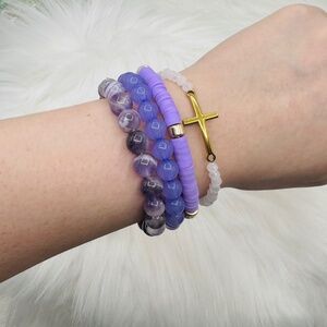 Stainless Steel Cross beaded Arm Candy  Bracelet -  Lavender Color theme